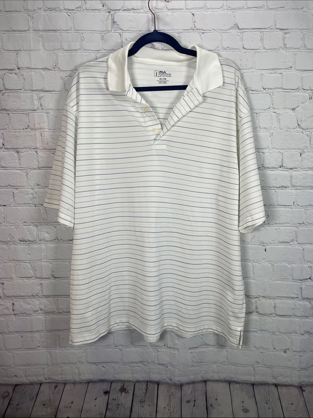 Men's PGA Tour White Polo with Thin Gray Stripes Button Short Sleeve Shirt XL